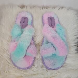 Indigo rd. Multicolor Fluffy Slipper Sandals Women's Size 8 NWOT Soft Faux Fur